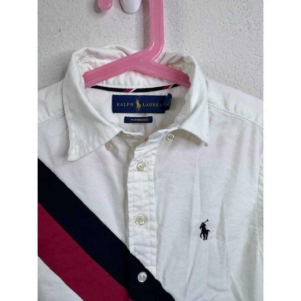 Ralph Lauren Boys 8 Button‎ Down Shirt White Polo Logo Stripe Performance Preppy